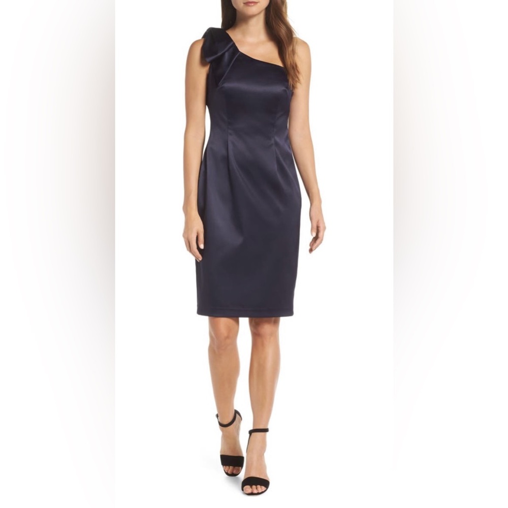 NWT Eliza J Navy Satin Dress One Shoulder Bow Sheath Size 6